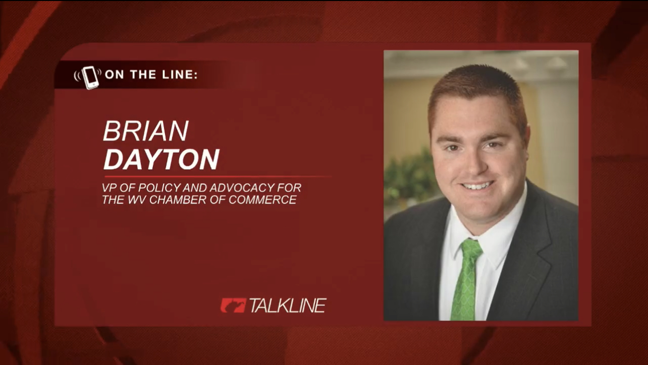 a Talkline graphic with Brian Dayton, the VP of Policy & Advocacy for the WV Chamber of Commerce, "On The Line"